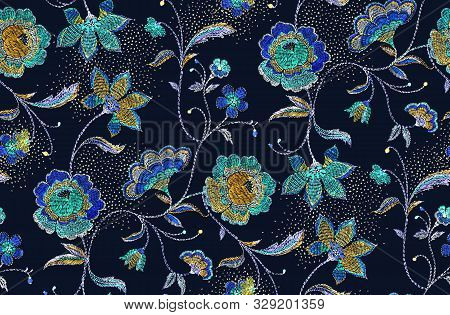 Seamless Flowers Pattern With Black Blue Background.. For Textile, Wallpaper, Pattern Fills, Covers,
