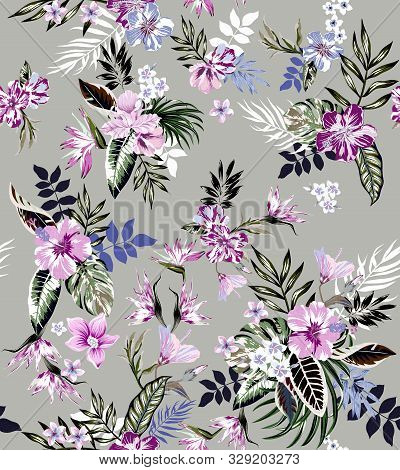Seamless Colored Tropical Flowers For Textile; Retro Hawaiian Style Floral Arrangement, Vintage Styl
