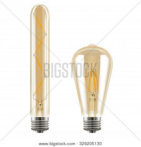 Edison Bulb. Vintage Lightbulb Set. Electricity Retro Lamp Illustration. Realistic Transparent Filam