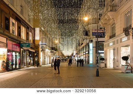 Vienna, Austria - December 16, 2018: Most Beautiful Shopping Street Kohlmarkt In Vienna