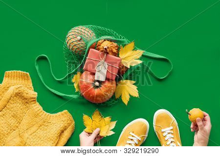 Autumn Flat Lay In Saffran Yellow And Irish Jig Green Colors, Trendy Color For Fall 2021. Orange Pum
