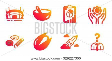 Employee Hand, Report And Cooking Mix Line Icons Set. Keywords, Startup Rocket And Arena Stadium Sig