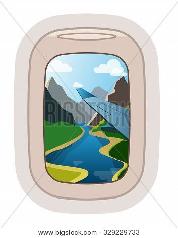 Aairplane Window Vector Traveling By Plane And Porthole View In Flight Illustration Tourism Set Of W