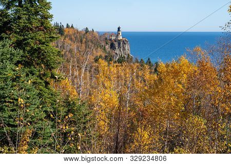 Wide Angle View Of Split Rock Lighthouse In Minnesota On Lake Superior In The Fall Season