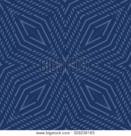 Abstract Geometric Lines Seamless Pattern. Subtle Vector Deep Blue Ornament. Simple Geometrical Text