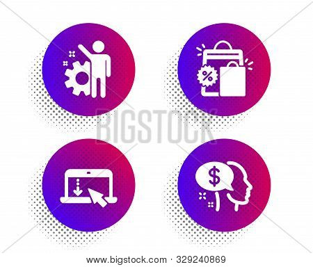 Scroll Down, Shopping Bags And Employee Icons Simple Set. Halftone Dots Button. Pay Sign. Landing Pa