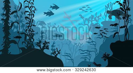 Sea Underwater Wildlife. Swimming Marine Turtle, Fishes And Sunken Ship Deep At The Ocean Bottom.