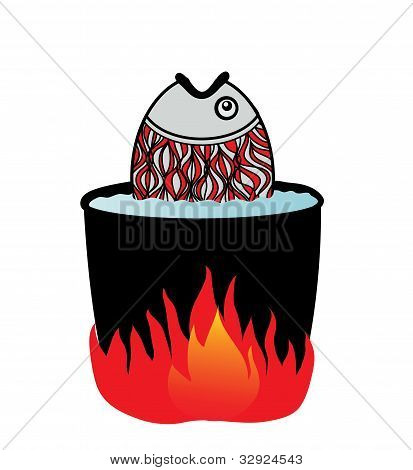 Fisk kogt i vand i en brand