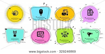 Dishwasher Timer, Chemistry Lab And Hair Dryer Line Icons Set. Chat Bubbles With Quotes. Winner Meda