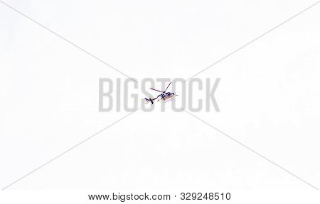 Barcelona, Spain - October 18, 2019: Spanish Police Helicopter In The Sky During Protests In Catalon