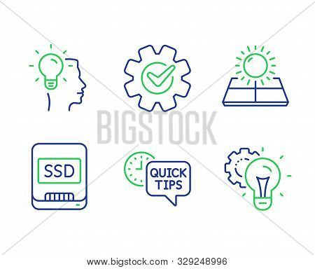 Idea, Sun Energy And Quick Tips Line Icons Set. Ssd, Cogwheel And Idea Gear Signs. Professional Job,