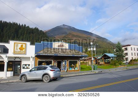 Seward, Ak, Usa - Sep. 19, 2019: Historic Buildings In Seward City Center On 4th Avenue Near Washing