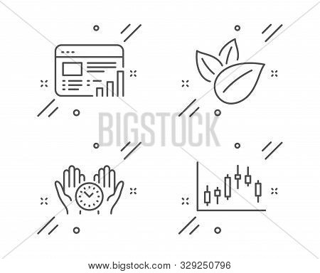 Safe Time, Organic Product And Web Report Line Icons Set. Candlestick Graph Sign. Management, Leaves