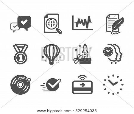 Set Of Education Icons, Such As Approve, Stock Analysis, Air Balloon, Analytics Chart, Feather Signa