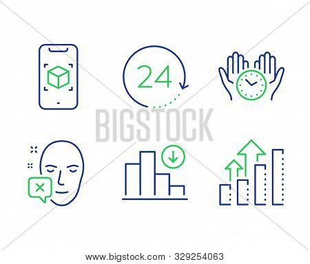 Face Declined, Safe Time And 24 Hours Line Icons Set. Augmented Reality, Decreasing Graph And Analys