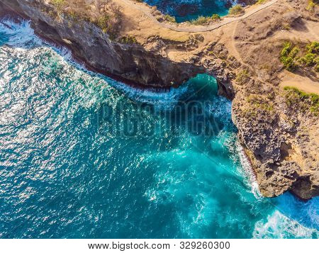 Landscape Over Broken Beach In Nusa Penida, Indonesia Angels Billabong Beach. Popular Tourist Destin