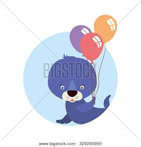 Cute Little Seal With Balloons Helium Character Vector Illustration Design