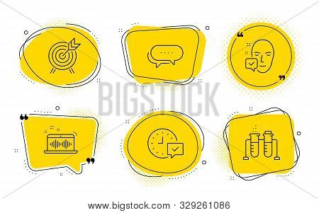Dots Message, Face Accepted And Chemistry Beaker Signs. Chat Bubbles. Select Alarm, Archery And Musi