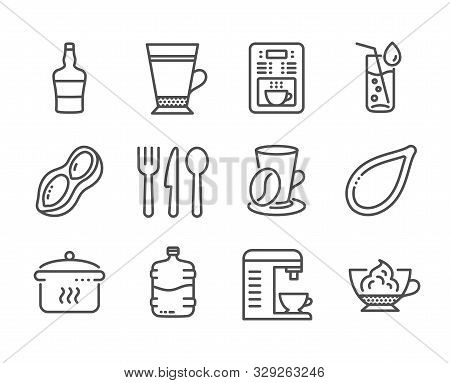 Set Of Food And Drink Icons, Such As Boiling Pan, Cooler Bottle, Pumpkin Seed, Scotch Bottle, Peanut