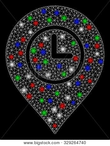 Bright Mesh Time Marker With Glare Effect. White Wire Carcass Triangular Mesh In Vector Format On A 