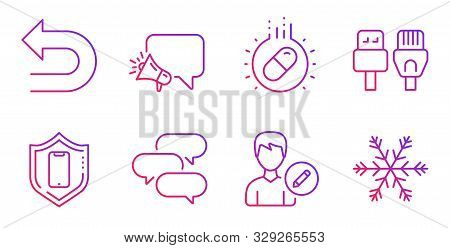 Edit Person, Computer Cables And Undo Line Icons Set. Megaphone, Talk Bubble And Capsule Pill Signs.