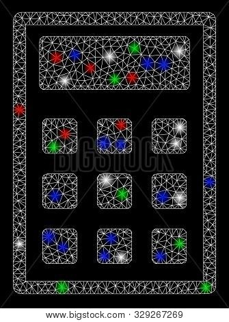Bright Mesh Calculator With Glare Effect. White Wire Frame Triangular Mesh In Vector Format On A Bla