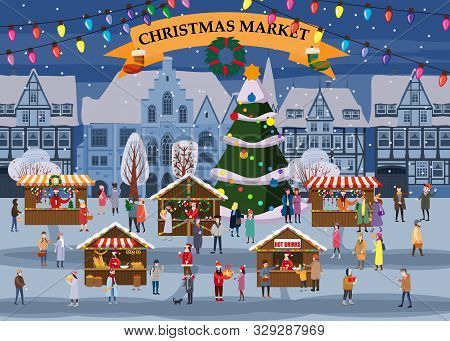 Christmas Market Or Holiday Winter Outdoor Fair On Oldtown Square Big New Year Tree Cityscape. Big S