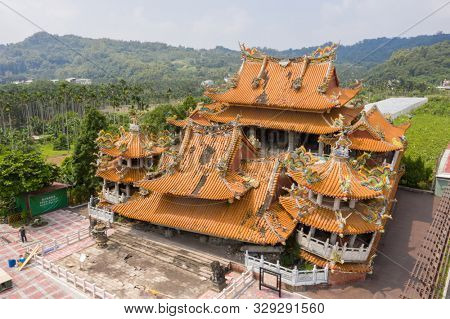 Nantou, Jiji, Taiwan - September 14th, 2019: aerial view of ruins of Wuchanggong temple when earthquake at september 21, 1999