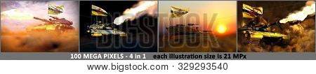 4 Illustrations Of Detailed Modern Tank With Not Real Design And With Brunei Darussalam Flag - Brune