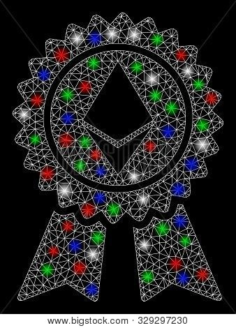 Bright Mesh Ethereum Reward Seal With Glow Effect. White Wire Carcass Polygonal Mesh In Vector Forma