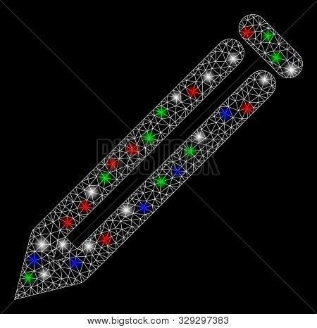 Bright Mesh Pencil With Glow Effect. White Wire Frame Polygonal Network In Vector Format On A Black 