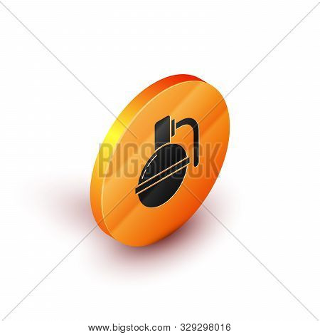 Isometric Hand Grenade Icon Isolated On White Background. Bomb Explosion. Orange Circle Button. Vect