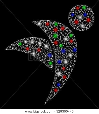 Bright Mesh Winged Man With Lightspot Effect. White Wire Frame Triangular Mesh In Vector Format On A
