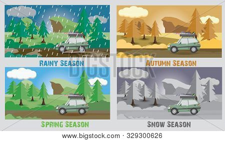 Car For A Small Family With Bags And Accessories. Traveling During Four Seasons Including Rain, Autu