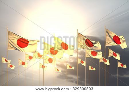 Nice Many Japan Flags In A Row On Sunset With Empty Place For Your Content - Any Occasion Flag 3d Il
