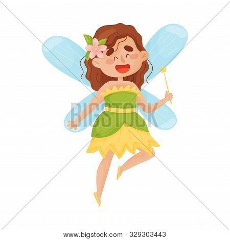 Happy Fairy With Wings In A Green Dress With A Flower On Her Head. Vector Illustration On A White Ba