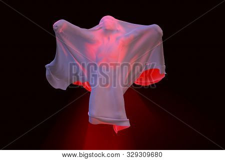 Flying White Ghost Boy Figure Covered With A Blanket Sheet On Black Background. Halloween 3d Illustr