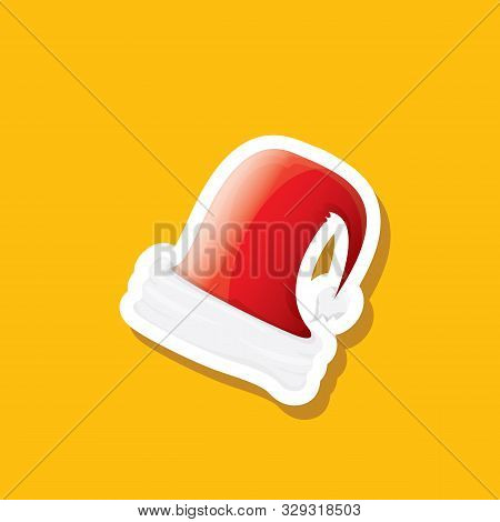 Vector Red Funky Santa Claus Hat Sticker Icon Or Label Isolated On Orange Background. Merry Christma