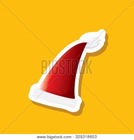 Vector Red Funky Santa Claus Hat Sticker Icon Or Label Isolated On Orange Background. Merry Christma