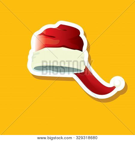 Vector Red Funky Santa Claus Hat Sticker Icon Or Label Isolated On Orange Background. Merry Christma