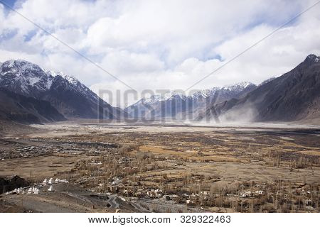 View Landscape With Hunder Or Hundar Village In Nubra Tehsil Valley While Winter Season At Leh Ladak