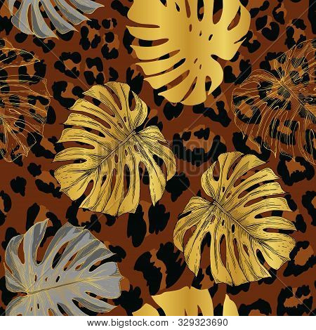 Golden And Gray Tropical Leaves Of Monstera On The Background Of Leopard Skin. Tropics, Jungle. Seam