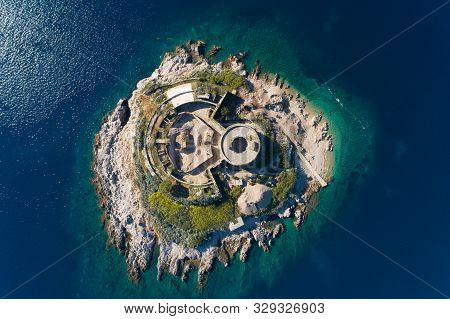 Aerial View Of Mamula Island Fort, Boka Kotorska Bay Of Adriatic Sea