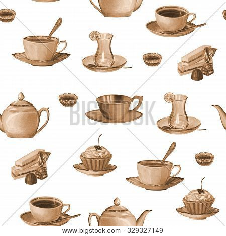 Cute Seamless Pattern From Tea Ware And Desserts On A White Background
