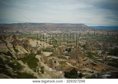 Sunrise Panoramic View To Goreme City And Pigeon Valley Cappadocia, Turkey