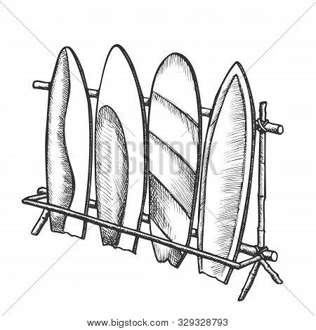 Surfboards In Different Design On Rack Ink Vector. Assortment Surfboards Standing Locked In Storage.