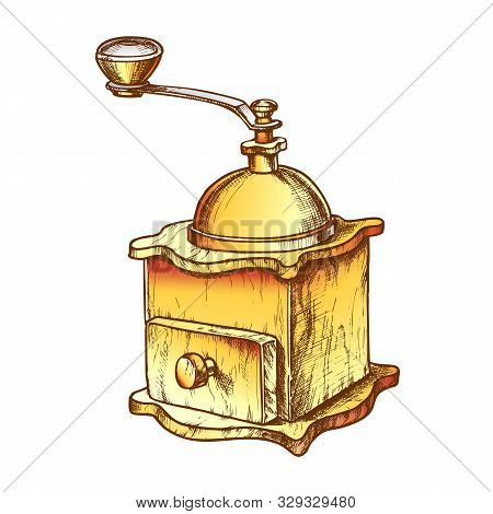 Ancient Manual Coffee Grinder Monochrome Vector. Retro Tool For Grinding Coffee Beans. Old Machine E