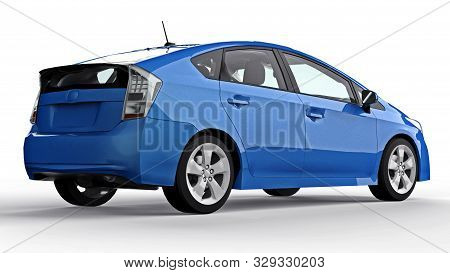 Modern Family Hybrid Blue Car On A White Background With A Shadow On The Ground. 3d Rendering.
