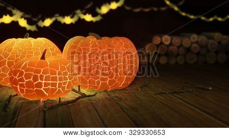 Realistic High Resolution 3d Illustration Of Cracked Pumpkin Lanterns On A Wooden Floor In A Rustic 