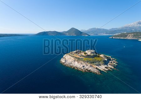 Aerial View Of Mamula Island Fort, Boka Kotorska Bay Of Adriatic Sea
